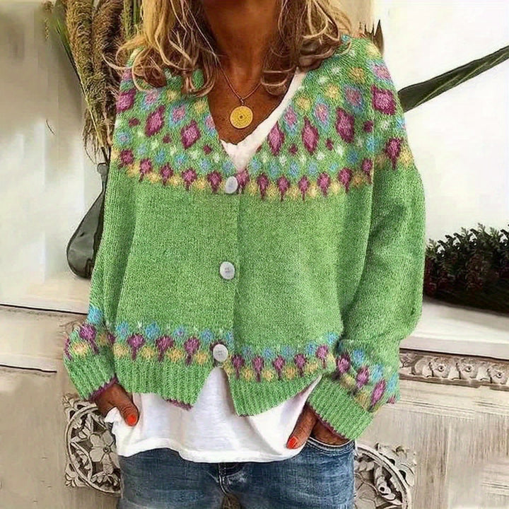 Women's Nordic Patterned Cardigan - Relaxed Button-Front Layer