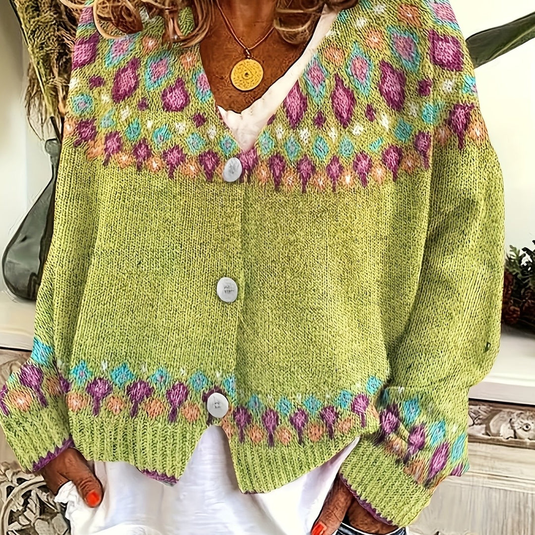 Women's Nordic Patterned Cardigan in greenish yellow, Relaxed Button-Front Layer