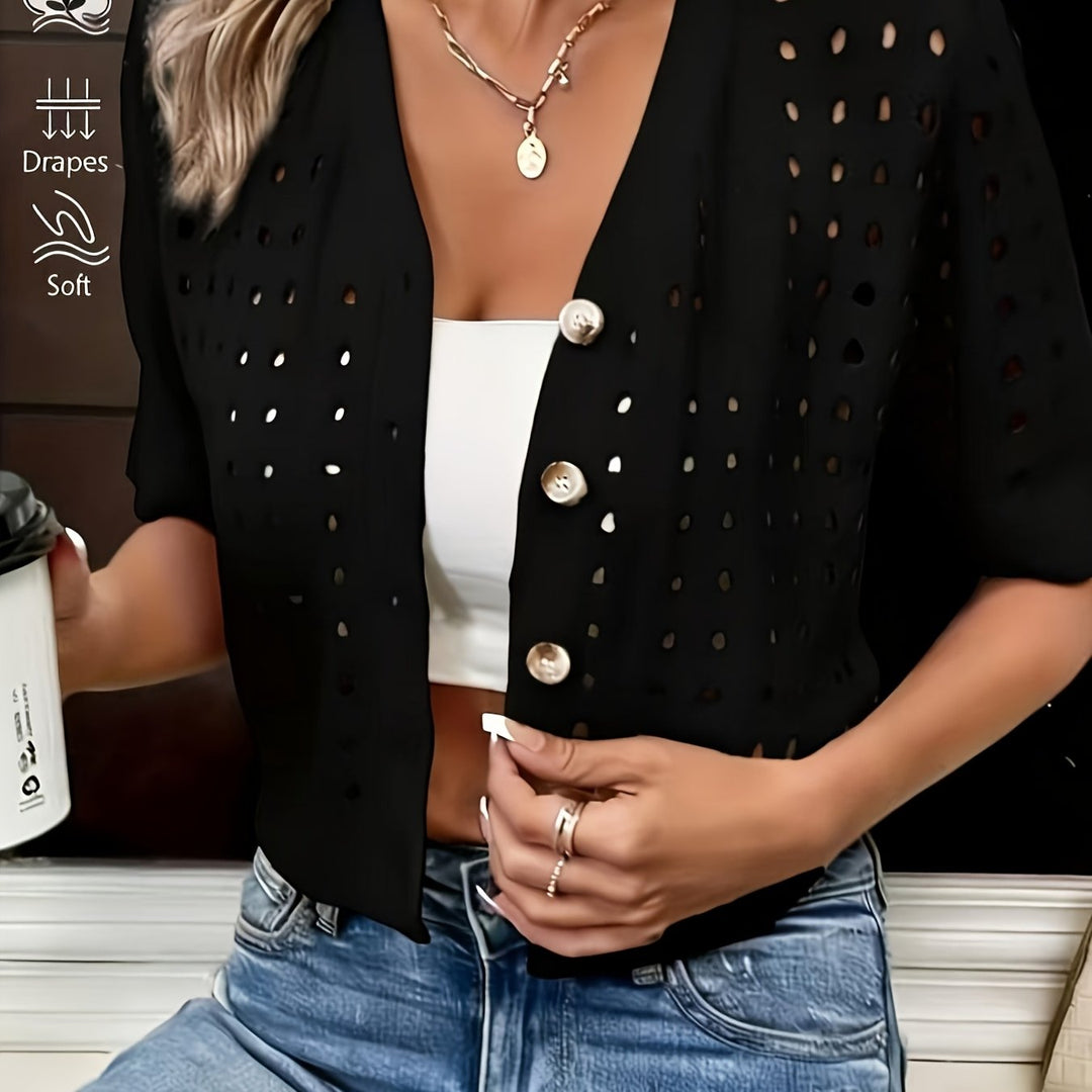 Women's Open-Knit Short-Sleeve Cardigan in black, Delphine