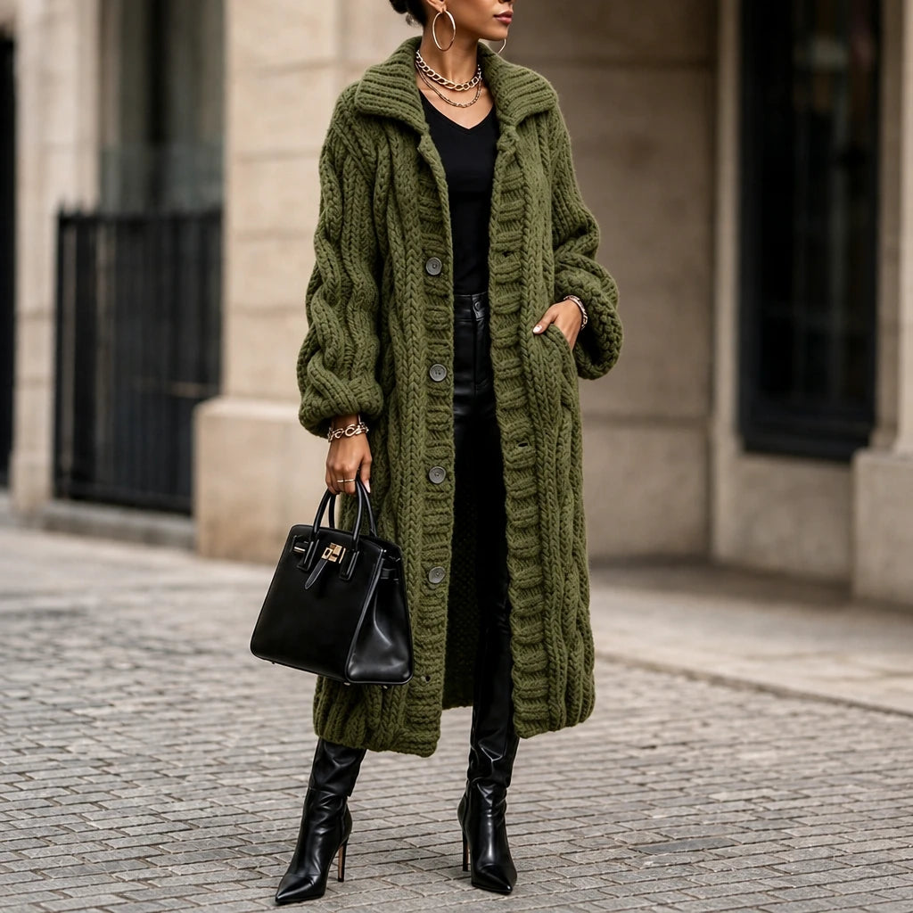 Women's Oversized Cable-Knit Longline Cardigan in army green, Open Front