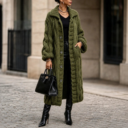 Women's Oversized Cable-Knit Longline Cardigan in army green, Open Front