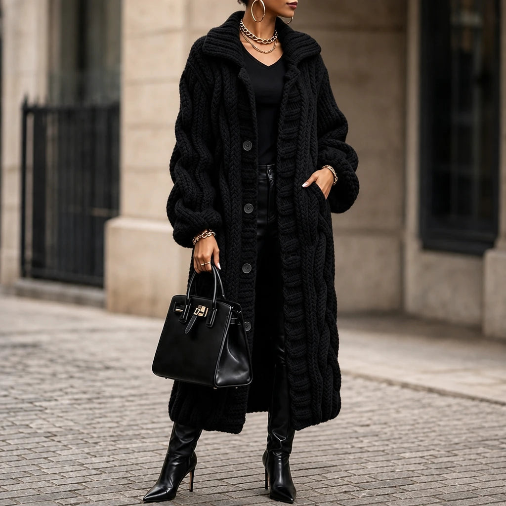 Women's Oversized Cable-Knit Longline Cardigan in black, Open Front