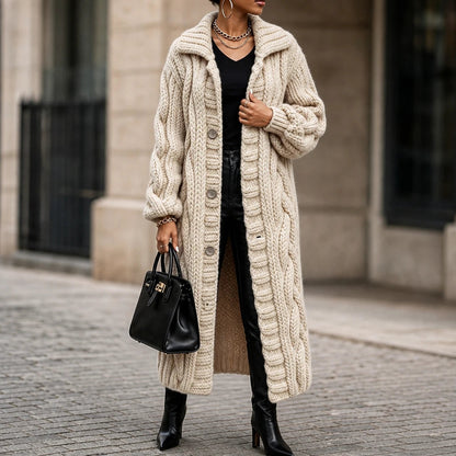 Women's Oversized Cable-Knit Longline Cardigan in cream, Open Front