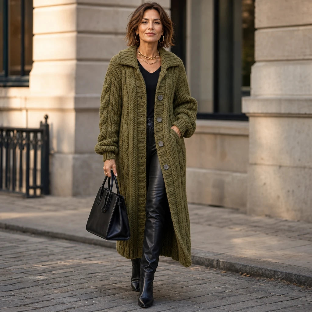 Women's Oversized Cable-Knit Longline Cardigan - Open Front
