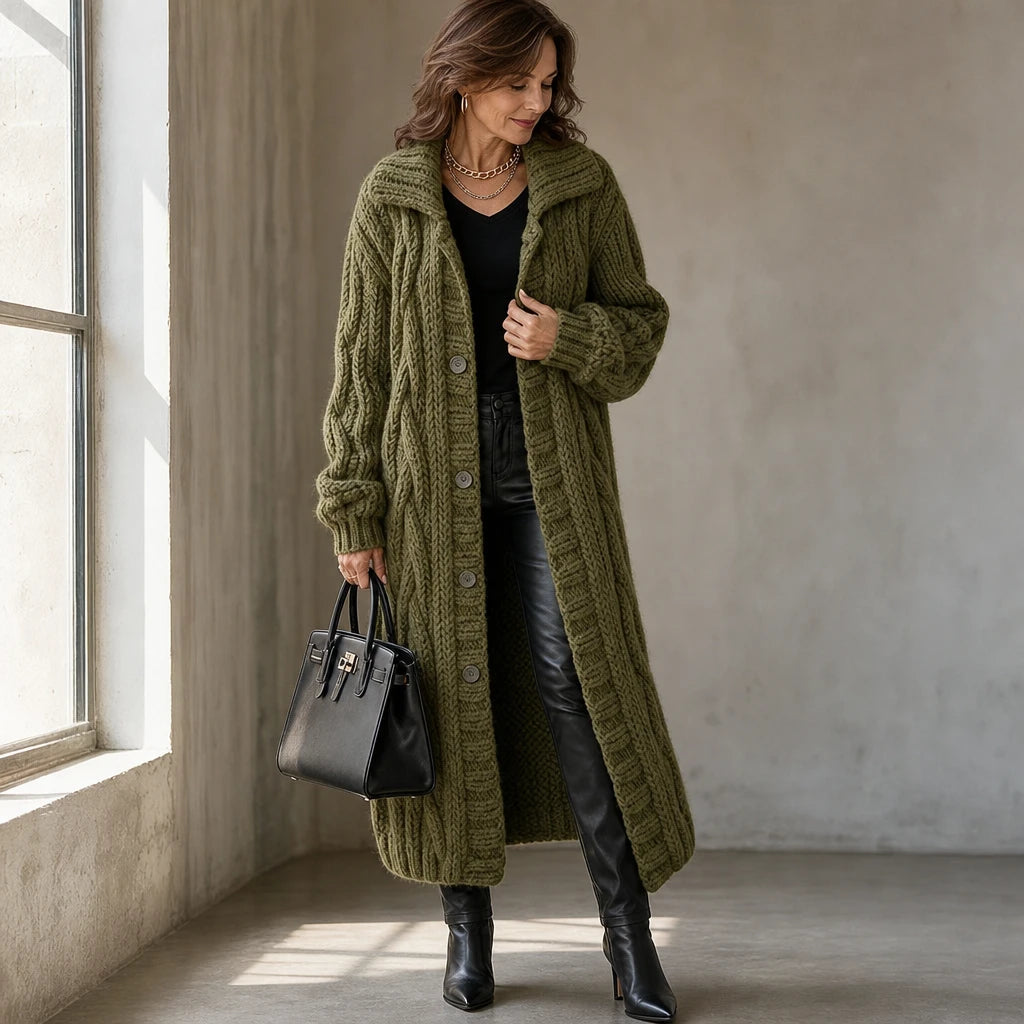 Women's Oversized Cable-Knit Longline Cardigan - Open Front