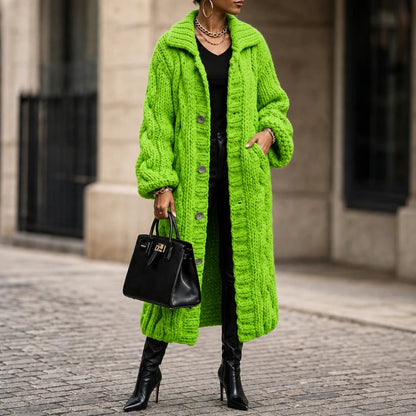 Women's Oversized Cable-Knit Longline Cardigan in light green, Open Front