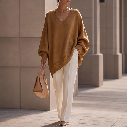 Women's Oversized V-Neck Knit Sweater in apricot, Relaxed Fit