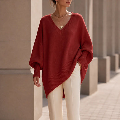Women's Oversized V-Neck Knit Sweater in burgundy, Relaxed Fit