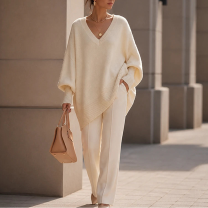 Women's Oversized V-Neck Knit Sweater in cream, Relaxed Fit