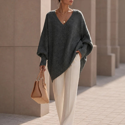 Women's Oversized V-Neck Knit Sweater in dark gray, Relaxed Fit