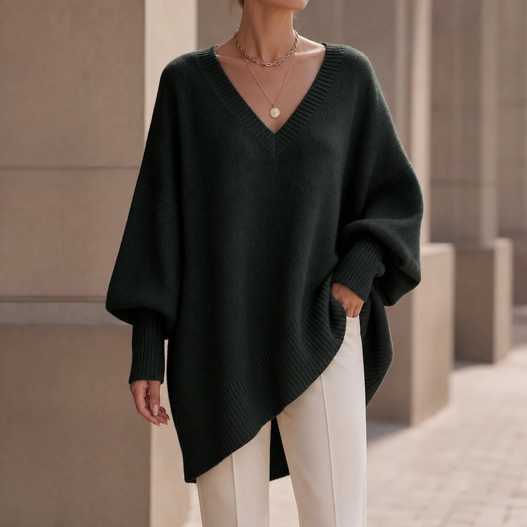 Women's Oversized V-Neck Knit Sweater - Relaxed Fit