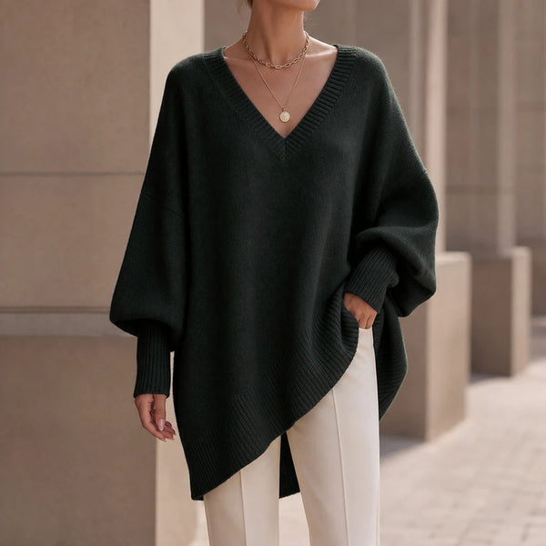 Women's Oversized V-Neck Knit Sweater - Relaxed Fit