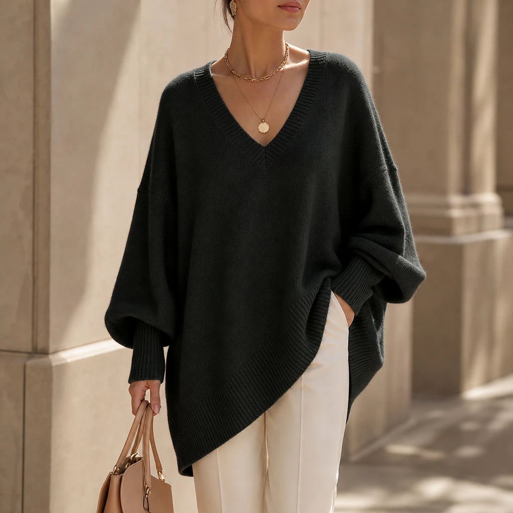 Women's Oversized V-Neck Knit Sweater - Relaxed Fit