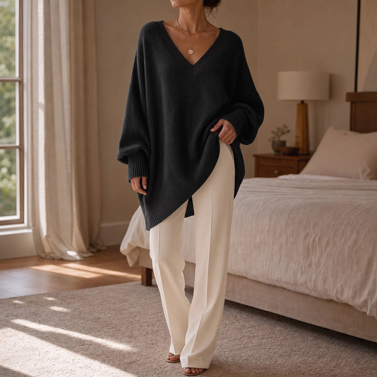 Women's Oversized V-Neck Knit Sweater - Relaxed Fit