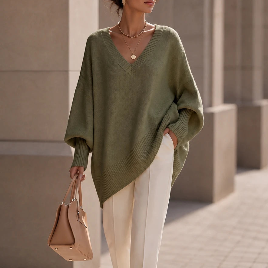 Women's Oversized V-Neck Knit Sweater in green, Relaxed Fit