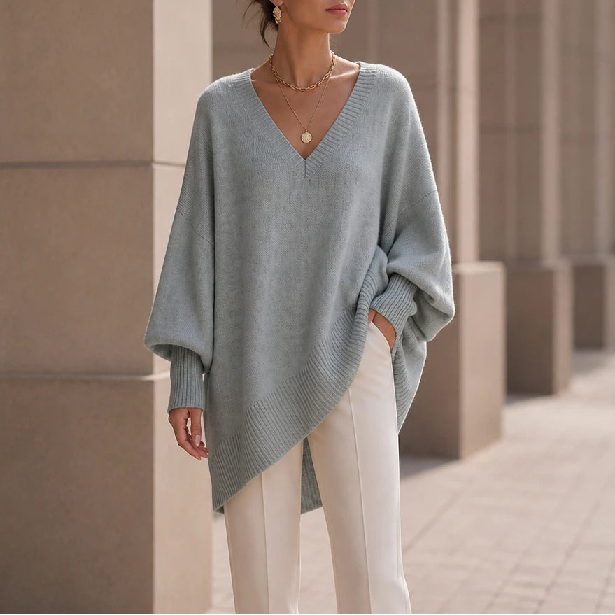 Women's Oversized V-Neck Knit Sweater in light gray, Relaxed Fit