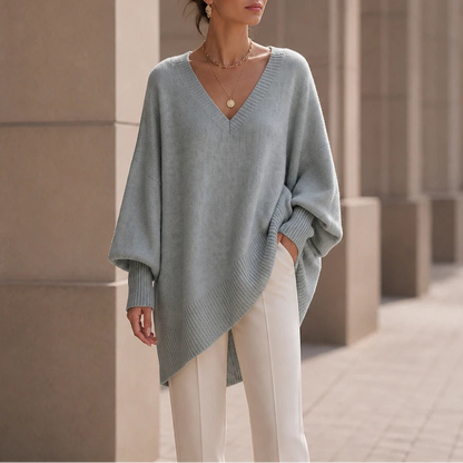 Women's Oversized V-Neck Knit Sweater in light gray, Relaxed Fit