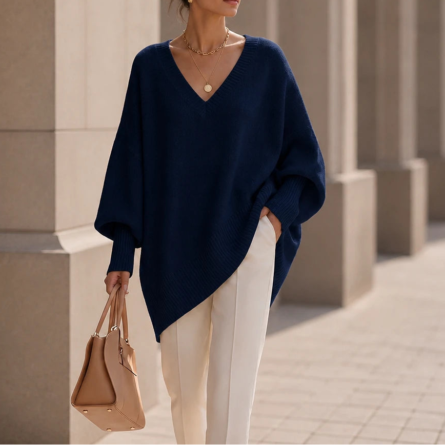 Women's Oversized V-Neck Knit Sweater in navy, Relaxed Fit