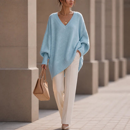 Women's Oversized V-Neck Knit Sweater in sky blue, Relaxed Fit