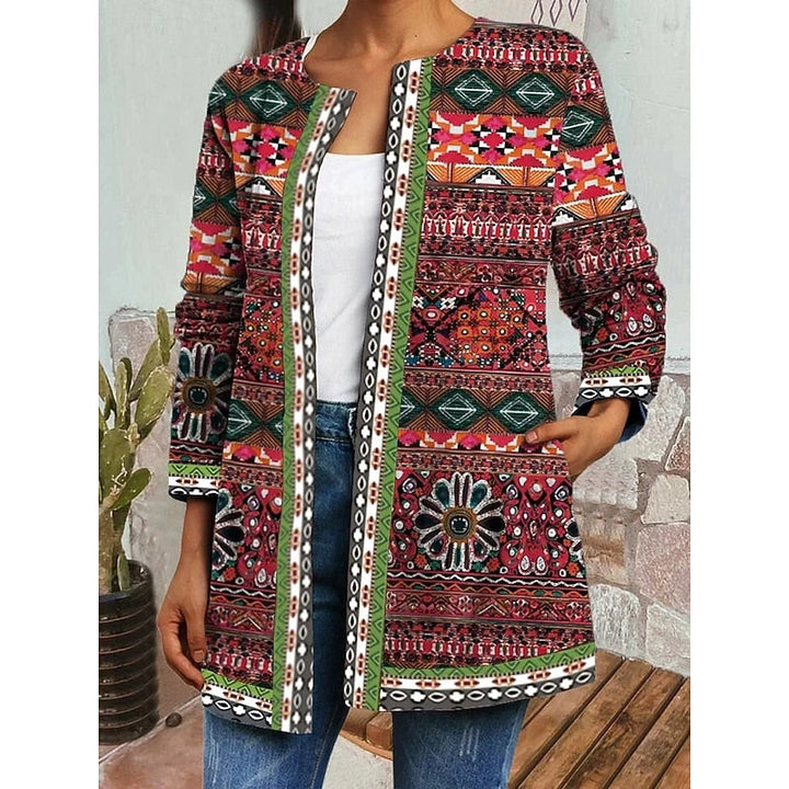 Women's Patterned Open-Front Jacket in green, Relaxed Artisan Style