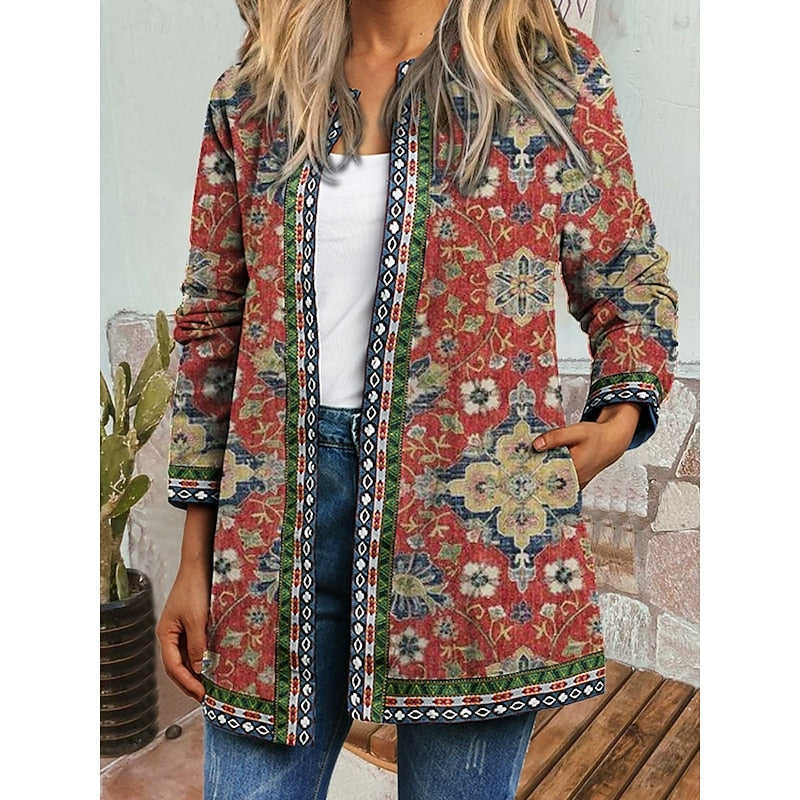 Women's Patterned Open-Front Jacket in red, Relaxed Artisan Style