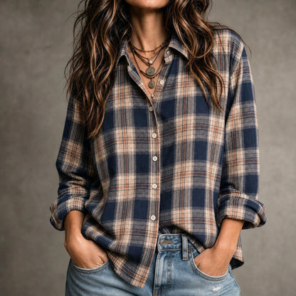 Women's Plaid Button-Front Long-Sleeve Blouse in blue, Relaxed Fit