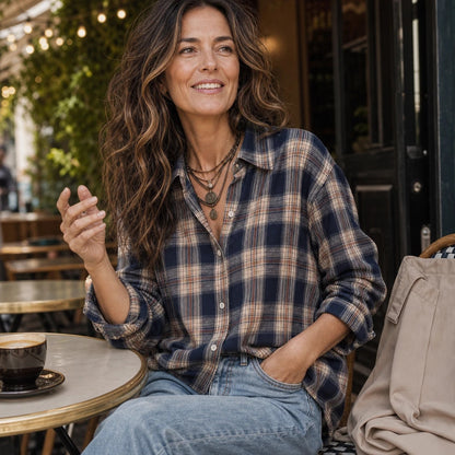 Women's Plaid Button-Front Long-Sleeve Blouse - Relaxed Fit