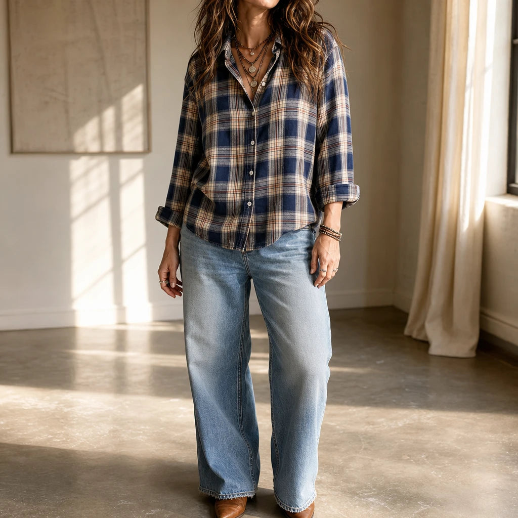 Women's Plaid Button-Front Long-Sleeve Blouse - Relaxed Fit