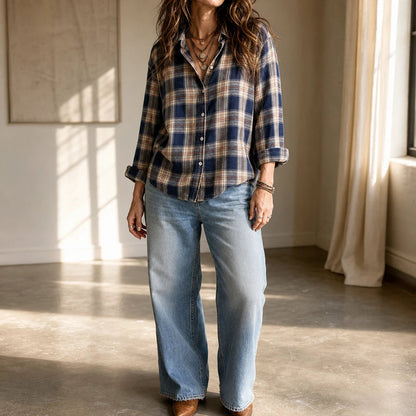 Women's Plaid Button-Front Long-Sleeve Blouse - Relaxed Fit