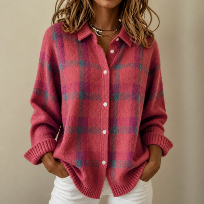 Women's Plaid Knit Shirt-Collar Cardigan in coral pink, Hermione