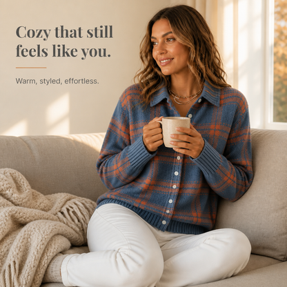 Women's Plaid Knit Shirt-Collar Cardigan - Hermione