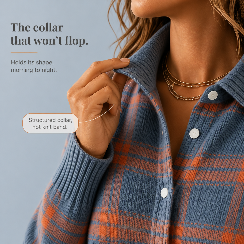 Women's Plaid Knit Shirt-Collar Cardigan - Hermione