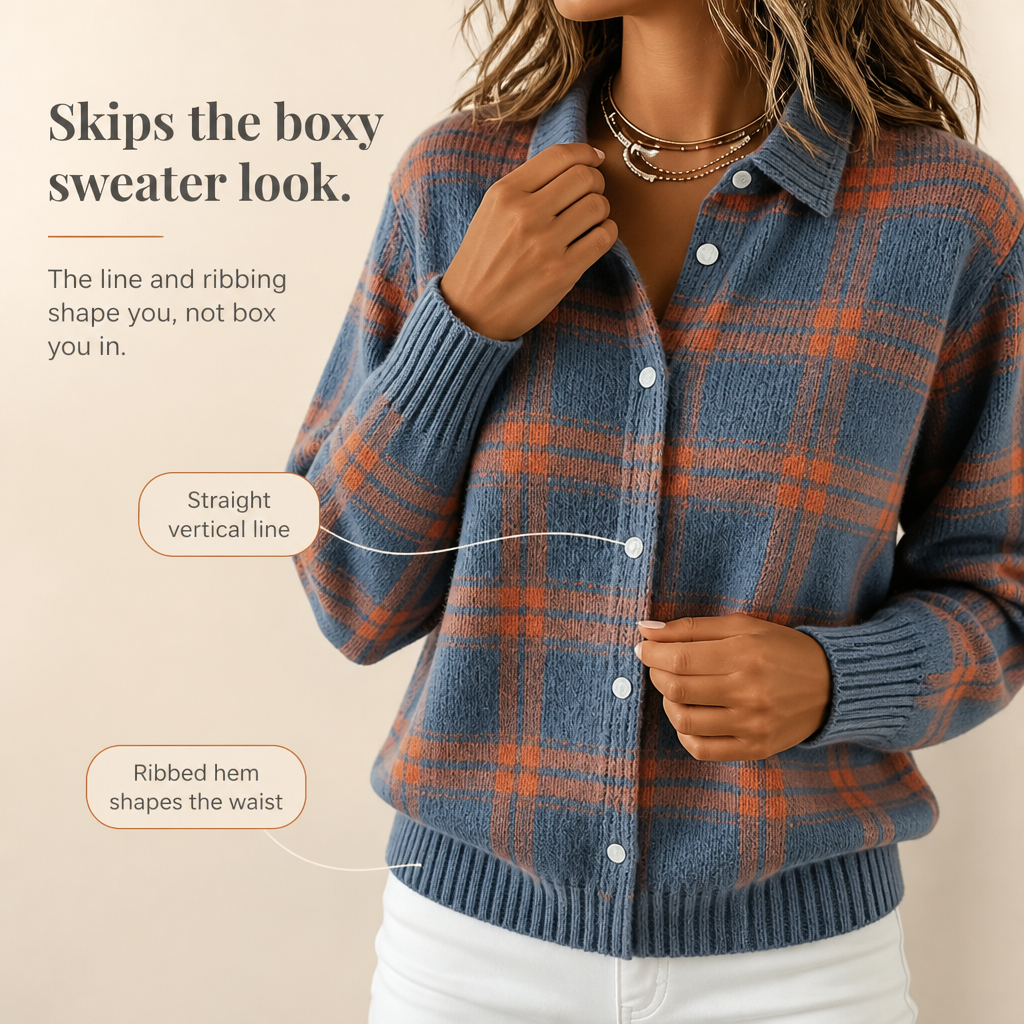 Women's Plaid Knit Shirt-Collar Cardigan - Hermione