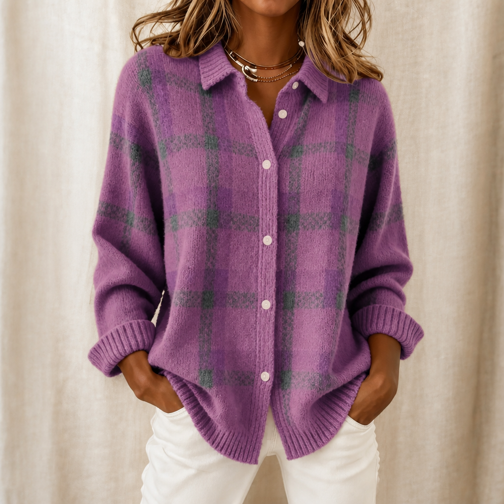 Women's Plaid Knit Shirt-Collar Cardigan in lilac, Hermione
