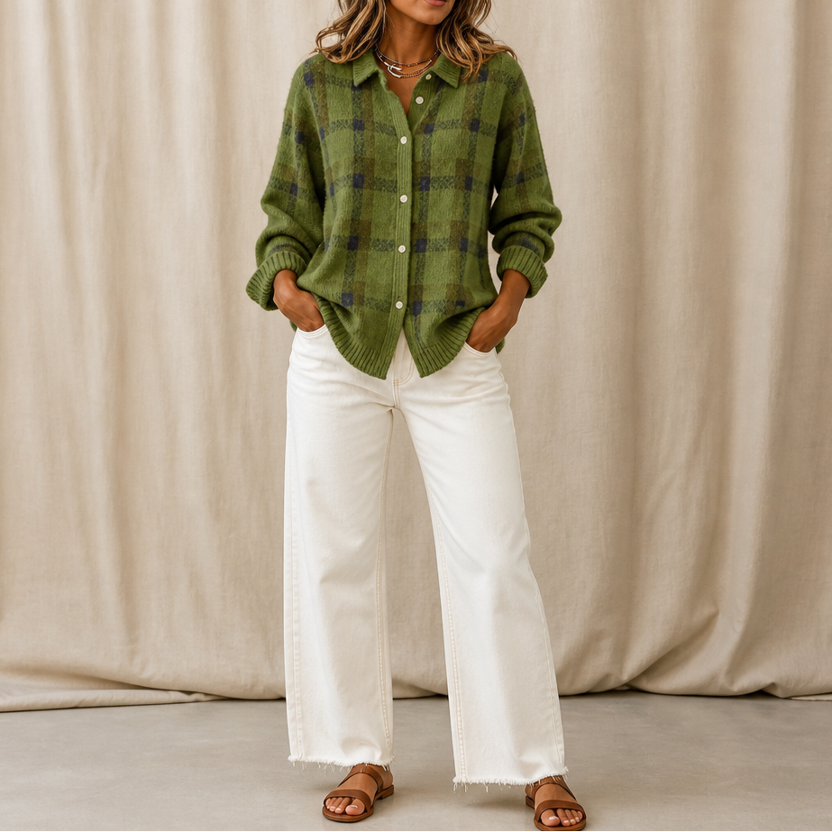 Women's Plaid Knit Shirt-Collar Cardigan in olive green, Hermione