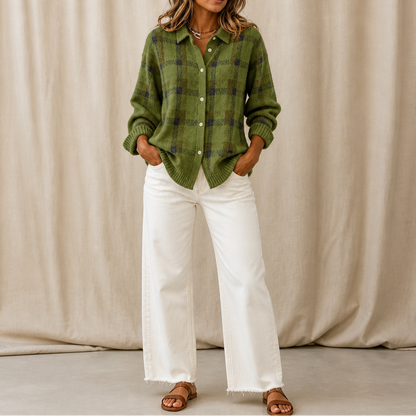 Women's Plaid Knit Shirt-Collar Cardigan in olive green, Hermione