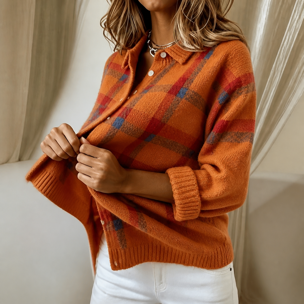 Women's Plaid Knit Shirt-Collar Cardigan in orange, Hermione