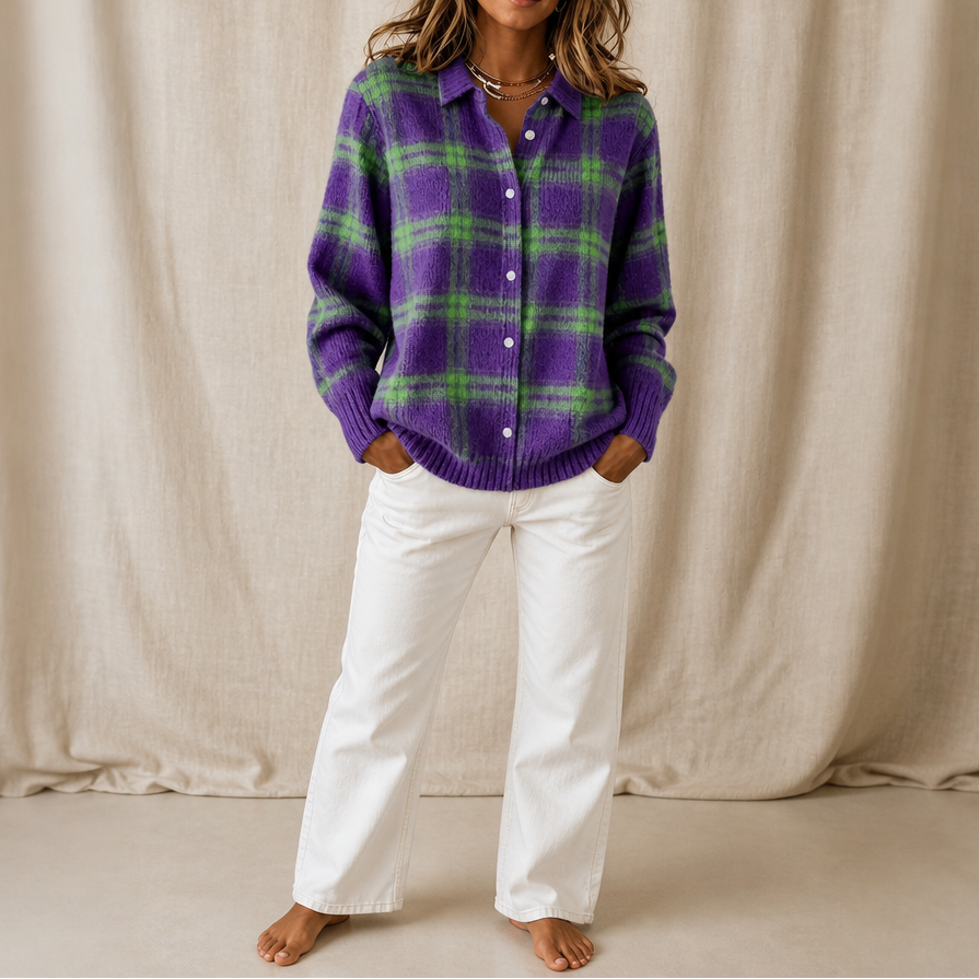 Women's Plaid Knit Shirt-Collar Cardigan in purple green, Hermione