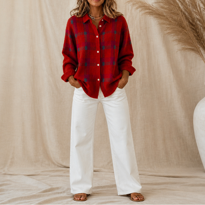 Women's Plaid Knit Shirt-Collar Cardigan in red, Hermione