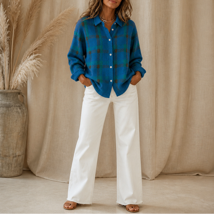 Women's Plaid Knit Shirt-Collar Cardigan in teal green, Hermione