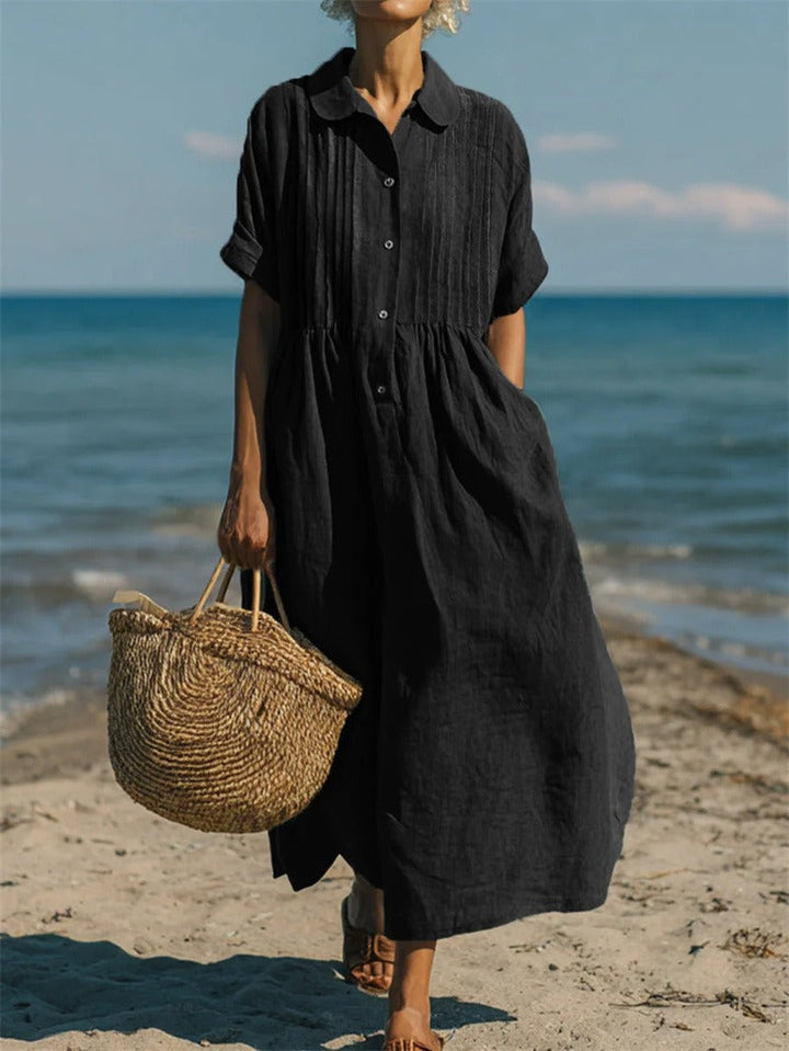 Women's Pleated Collared Maxi Dress in black, Relaxed Fit