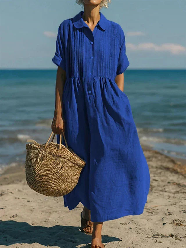 Women's Pleated Collared Maxi Dress in blue, Relaxed Fit