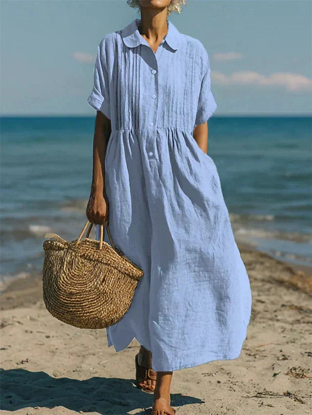 Women's Pleated Collared Maxi Dress in light blue, Relaxed Fit