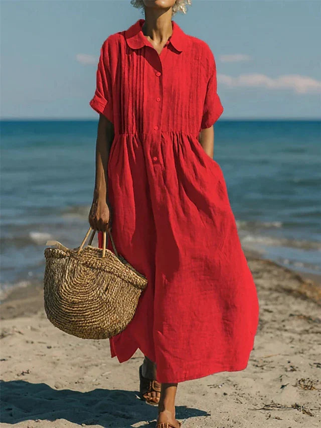 Women's Pleated Collared Maxi Dress in red, Relaxed Fit