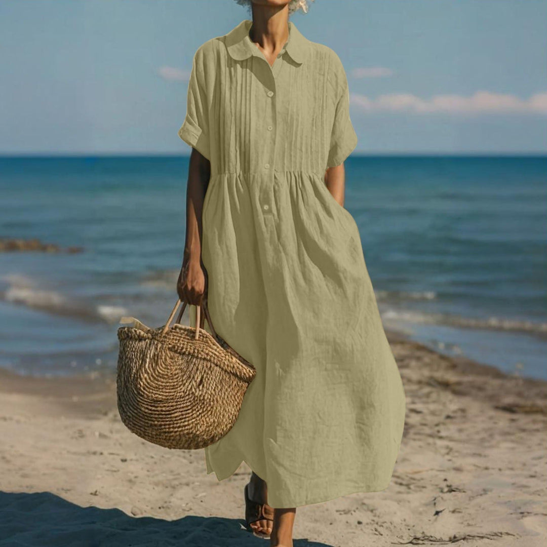 Women's Pleated Collared Maxi Dress in sage green, Relaxed Fit