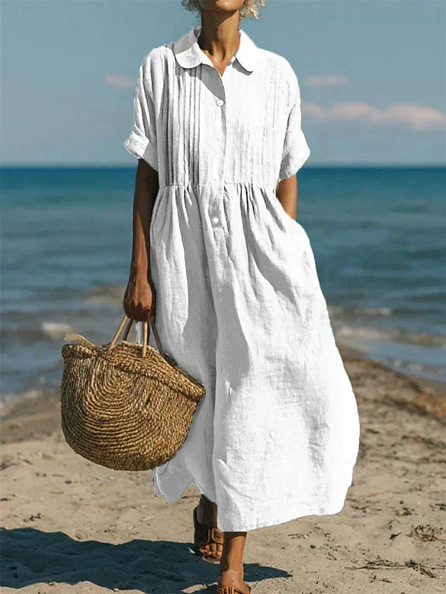 Women's Pleated Collared Maxi Dress in white, Relaxed Fit