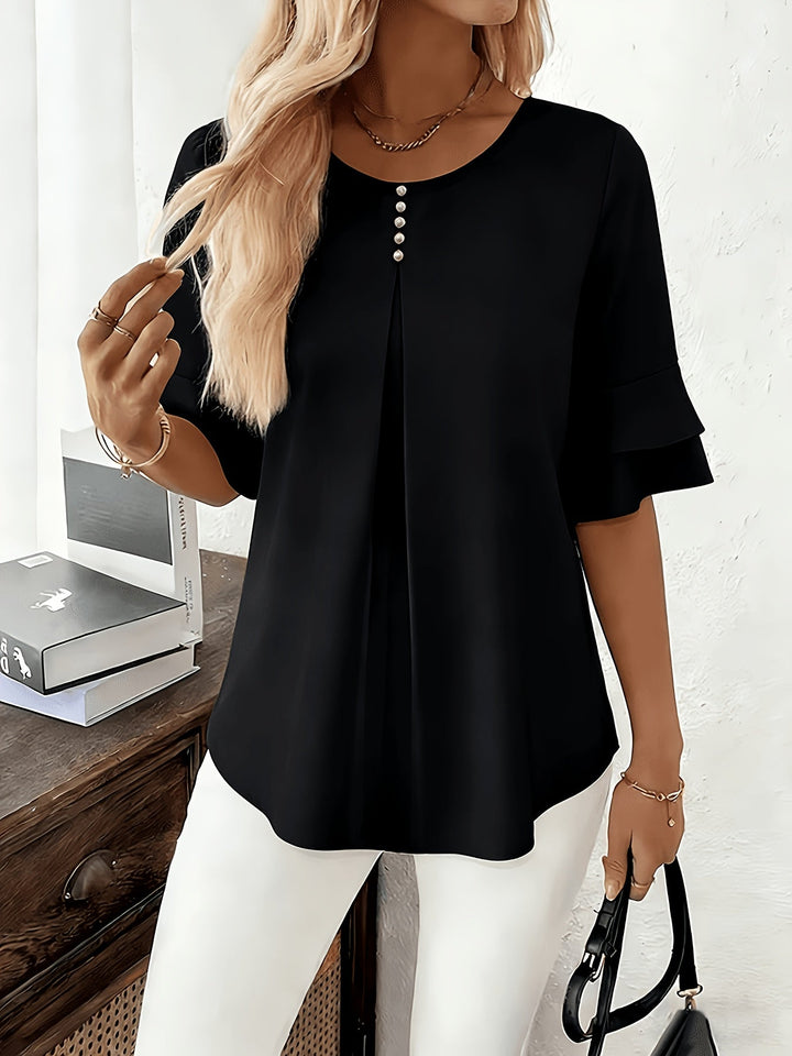 Women's Pleated Flared-Sleeve Blouse in black, Elegant Everyday
