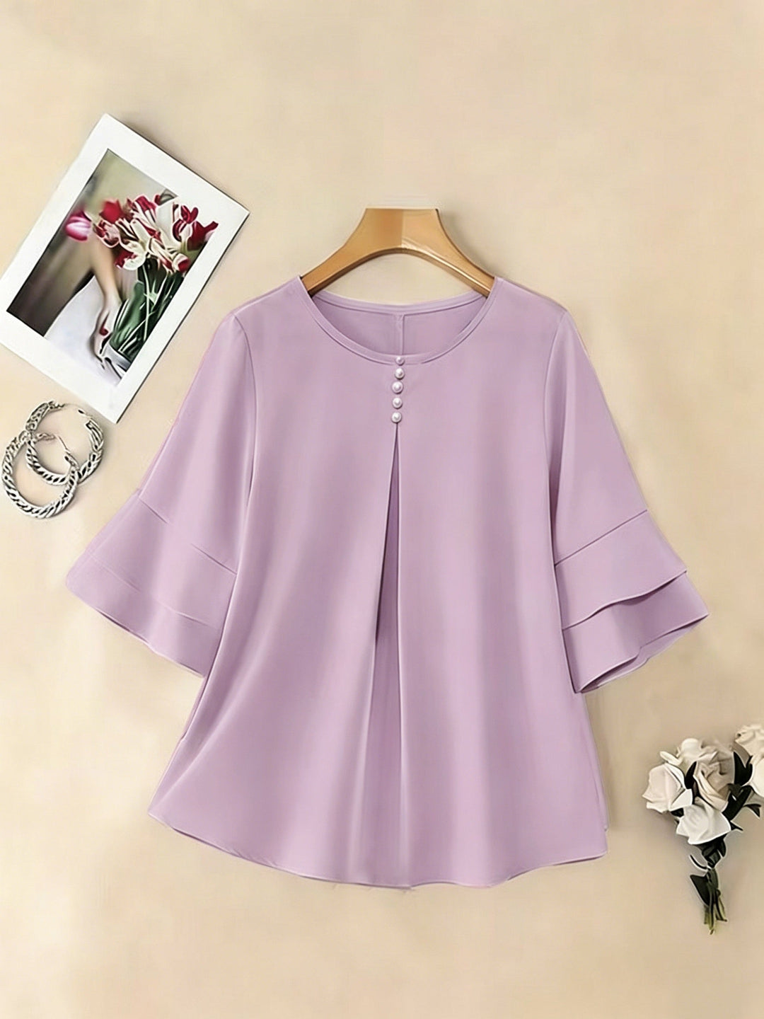 Women's Pleated Flared-Sleeve Blouse - Elegant Everyday