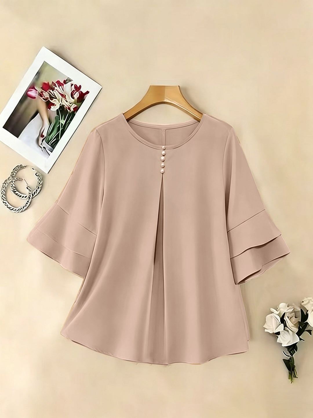 Women's Pleated Flared-Sleeve Blouse - Elegant Everyday