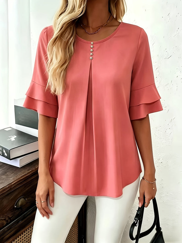 Women's Pleated Flared-Sleeve Blouse - Elegant Everyday